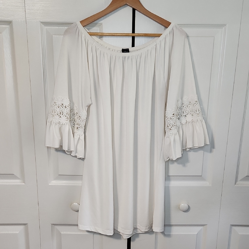 WinWin Off-White Tunic Top Size L/XL Lace Flare Sleeves Boho Fairycore Neutral
